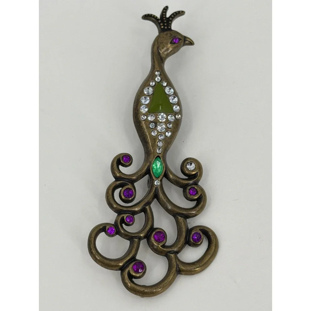 Vintage Bronze Peacock Brooch Pendant Purple Green Rhinestone Statement‎ Jewelry